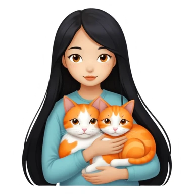 Oriental Asian girl with long black hair snuggling with an orange and white cat, cat is mostly white with orange patches, the girl is holding the cat lovingly sticker