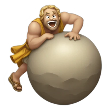 greek mythical guy sisyphus rolling up a big laughing emoji uphill sticker