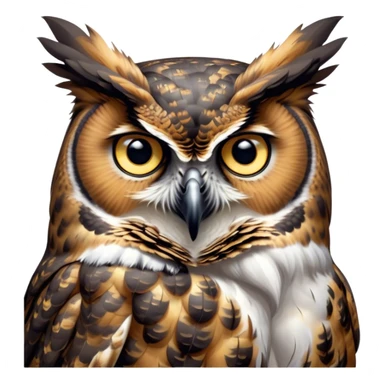 Cinematic Deep Thought Great Horned Owl Portrait Emoji, Head held high with a calm, reflective gaze, showcasing a beautifully mottled plumage and piercing golden eyes that seem to ponder the mysteries of the night, Simplified yet majestically refined features, highly detailed, glowing with a soft, contemplative light, high shine, poised and thoughtful, stylized with an air of profound introspection, capturing the essence of an owl deeply engaged in thought, so thoughtful it feels like it could silently share timeless secrets from beyond the screen! sticker