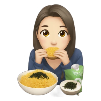 Girl watching television about kpop while eating toasted seaweed sticker