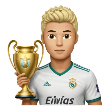 Cristiano Ronaldo holfing the champions league with noodle hair a bit longer noodle hair with a bit of blonde highlights and tge hair xoming down a bit just a bit of blonde not completely sticker