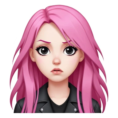 Emoji mirando hacia el costado con cara de molestia con pelo negro rosado largo de mujer metalera sticker