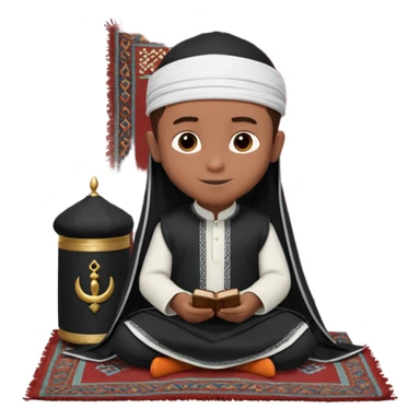 Personnage 3D mignon en style Pixar, un petit garçon portant un qamis blanc et un kufi, tenant un tapis de prière, entouré de lanternes brillantes, fond doux, couleurs chaudes, garçon teint noir TENANT UN APPAREIL PHOTO sticker