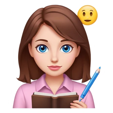 female writer with emoji face, brown hair and blue eyes writing a light pink romance novel sticker