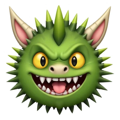 A green monster with two small black horns, spiky fur, big round yellow eyes, and a wide grin showing sharp teeth with its tongue playfully sticking out.  sticker