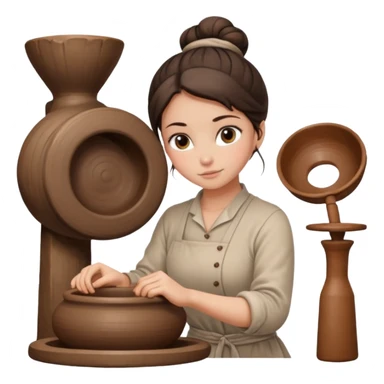Brunette girl with a bun, behind the potter's wheel, wearing neutral clothing sticker
