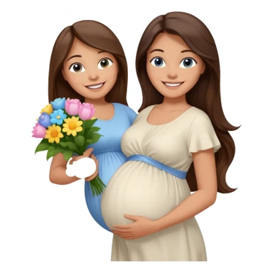 Create a cute emoji-style illustration of a young brunette woman with long brown hair, blue eyes, and a happy smile. She is pregnant, shown with a visible baby bump, wearing a simple white dress and holding a small bouquet of flowers. She looks excited and joyful, as if she's about to marry soon. sticker