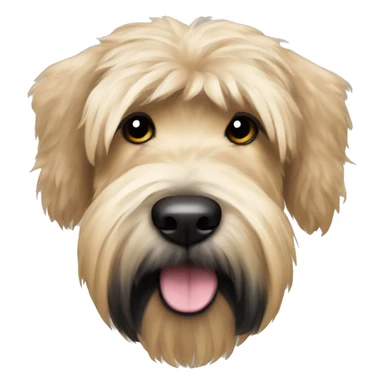 Wheaten terrier with fluffy long hair, black ears and black chin sticker