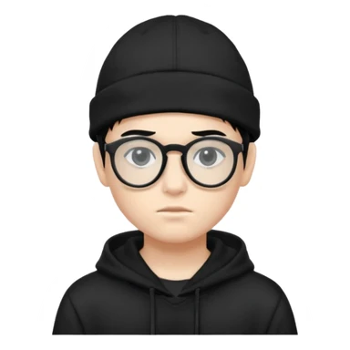 teenage boy (black hair, white skin, black eyes) wearing black glasses (nerd) and hide all his hair under a cap. wearing normal hoodie sticker