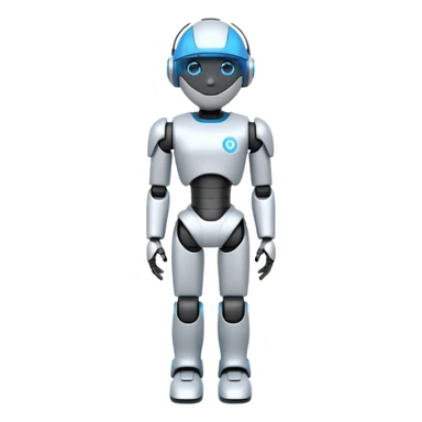 A 3D emoji-style humanoid robot with a white and gray body, black joints, and a glowing blue neon visor instead of a face. Futuristic and sleek design, simplified details for clarity at small emoji size, standing upright like a human sticker