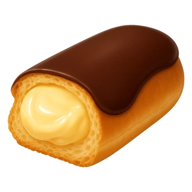 Remove the background from the image, keep the sliced dairy-filled eclair with glossy chocolate glaze unchanged, maintain the original style and details. sticker