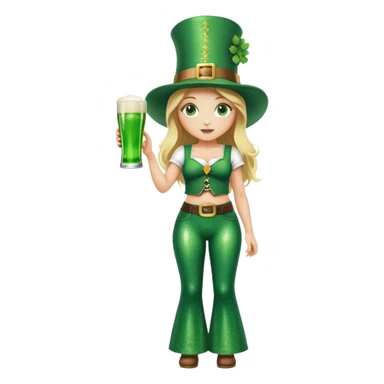Blonde haired girl in glittery green bell bottoms and tall leprechaun hat holding a green beer sticker