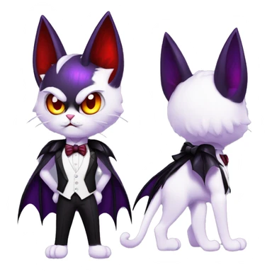 Cute-Evil-Vampiric-Batty-Cat-Black-Purple-Red-Yellow-Contrast-Colors-Fantasy-Fur-Sona-Chibi-Shiny-Fakémon-Hybrid with horns and big fangs neck bow white tie leg spats full body sticker