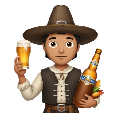 Mexican man dressesd as a Thanksgiving Pilgrim  holding a Turkey drumstick and a Corona beer sticker