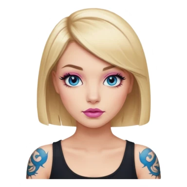 Woman, Blonde hair Medium blunt bob, blue eyes, smokey eyes with doe lashes, pink lips, tattoo on arms, wearing black sticker