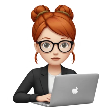 hair in a bun redhead female with glasses focused on a laptop sticker