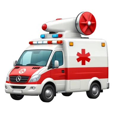 A modern white-and-red ambulance van with flashing rooftop siren.
 sticker