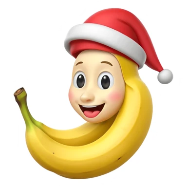 A 3D cartoon banana with a red nose and tiny hat, smiling face, playful pose, Memoji-style. sticker