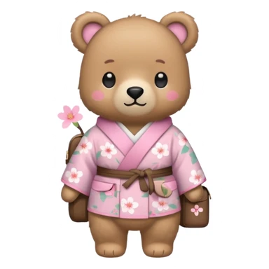 A cute light-brown bear wearing a pastel pink sakura-patterned kimono, normal balanced body ratio.  
Wearing a small backpack on the back, one paw holding the strap, ready to go outside.  
Kawaii emoji style, minimalistic clean sticker illustration, white background. sticker