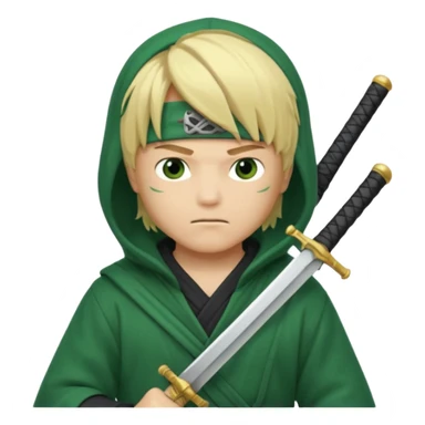 Green ninja Lloyd garmadon blonde hair, kaptur hoody on his head but blonde grzywka visible; the bottom left one is best (the one without miecze + black band + no mask of face) but add miecz; I want no band on head  sticker