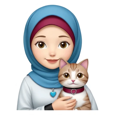 Asian White girl wearing cute maroon hijab and white dress holding a black grey tabby cat while smiling. The cat is wearing a blue collar sticker