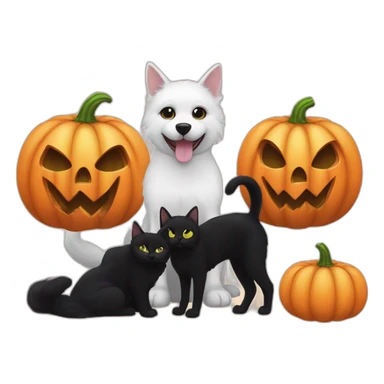Completely Black cat next to two white dogs next to Halloween pumpkin sticker