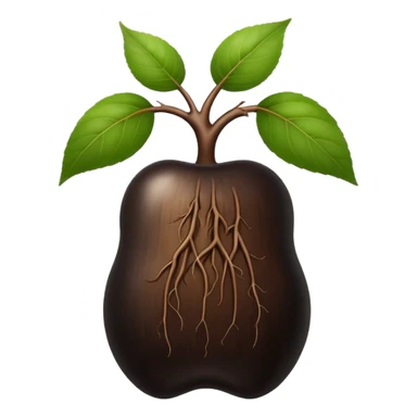 A black ginseng root (heuksam), in Apple iPhone emoji style. Dark brown-black glossy color, subtle texture on the root, elegant curves, vibrant but natural tones, smooth gradients, clean simple shapes, no outlines, slight 3D depth.
 sticker