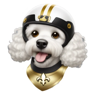White poodle wearing a black football helmet with gold stripe and gold fleur de lis emblem sticker