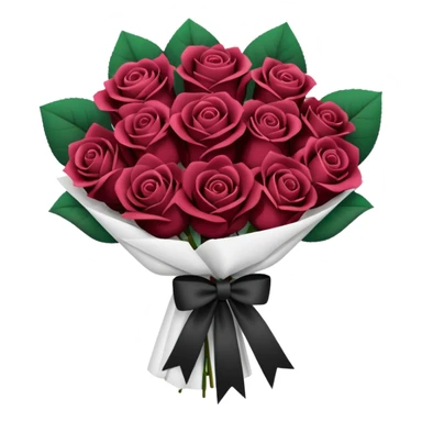 Maroon rose bouquet wrapped in white paper and black bow sticker