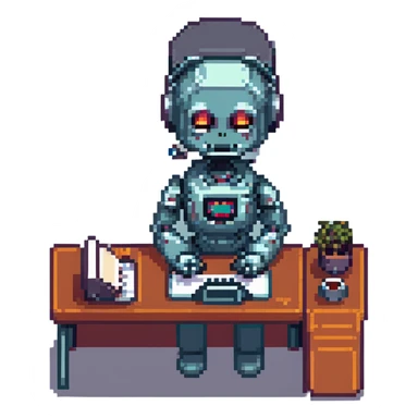 cute recruiter robot at a desk, headset on, typing on a laptop, 8-bit pixel art style sticker