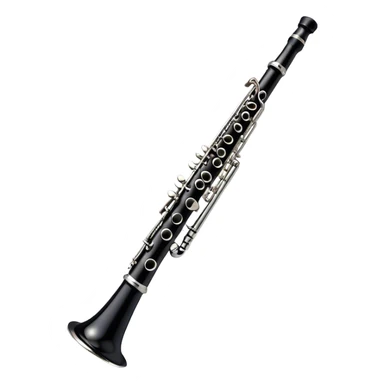 Create an emoji, representing a black standard clarinet. The design should feature a smooth, glossy black body of the clarinet with shiny, silver keys clearly visible. Highlight the intricate details of the mouthpiece and reed at the top, while the body of the instrument should remain simple and elegant. Add subtle musical notes or soundwaves floating around the instrument to symbolize its clear, melodic sound. Use black for the body, silver for the keys, and soft lighting effects to give the instrument a polished, sophisticated look. The background should be transparent. sticker