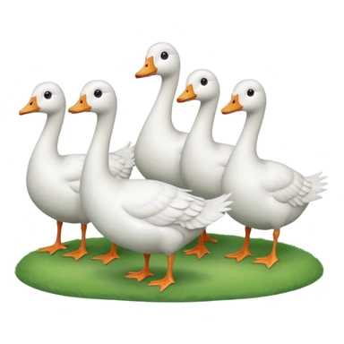 9 white geese standing on a green hill, front view, foggy sticker