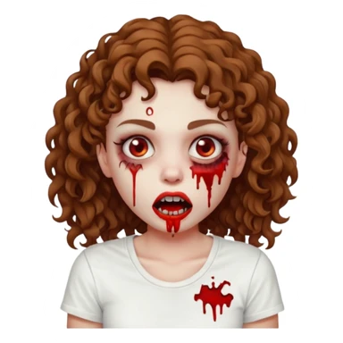Zombie girl with curly brown hair como emoji de iphone y con la boca un poco lastimada haz que tenga una simple remera blanca puesta pero que sea zombie  sticker