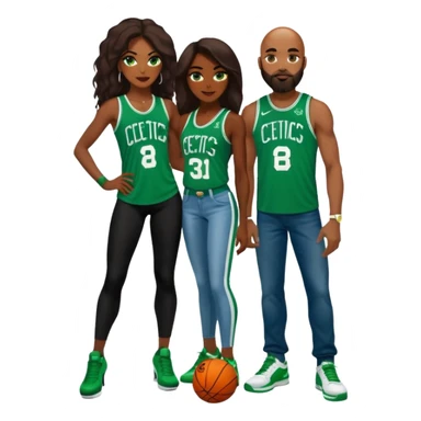 48-year-old dark skin black woman with brown eyes, long dark brown hair dressed in sexy 
celtics jersey costume outfit wearing stilettos. A white bald White man with orange beard and has blue/green  eyes, wearing a Jason Tatum Boston Celtics Jersey, jeans & green Nike sneakers  sticker
