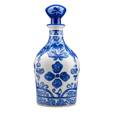 The Clase Azul Tequila bottle has a tall, hourglass-shaped ceramic body, hand-painted in white with cobalt blue floral designs. It’s topped with a distinctive gray, bell-shaped stopper that adds a final elegant touch. sticker