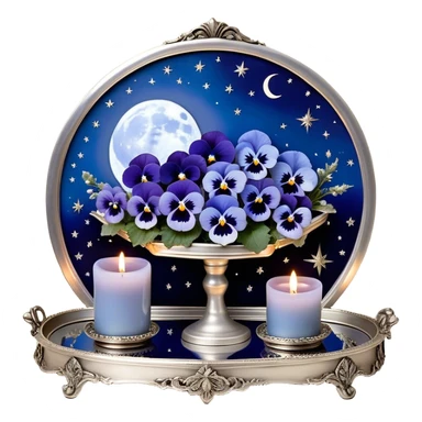 An enchanting nighttime scene where rich blue pansies bloom in a mystical landscape, their petals appearing almost luminous under the soft radiance of a silver crescent moon. A pearl-colored candle, embellished with intricate celestial symbols, sits atop an antique mirror tray, reflecting its warm glow. Wisps of silver mist curl around the flowers, and tiny glowing stars seem to hover just above the ground, adding to the dreamlike atmosphere. In the distance, a faint silhouette of a gothic archway frames the moon, enhancing the scene’s otherworldly beauty. sticker