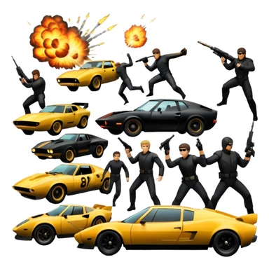 Photorealistic Icon for Action Movies: Dynamic collage of iconic action movie scenes featuring explosions, fast cars, combat, and weapons. Include silhouettes of famous action heroes, dramatic lighting, and a sense of high-octane energy. Transparent background. sticker