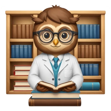 Wise owl with glasses, wearing a lab coat, perched on a stack of books. sticker