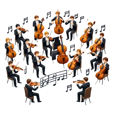 Icon for Classical Music: symphonic orchestra with musicians playing violins, cellos, flutes, and a conductor leading the ensemble. A grand, elegant vibe with musical notes floating around. Transparent background. sticker