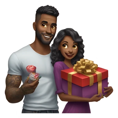 Hyper Realistic beautiful woman receiving a gift and a box of chocolates from a handsome tattooed man  sticker