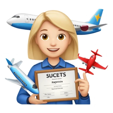 emoji student happy holding certificate IELTS 7.0, success, airplane, white background sticker