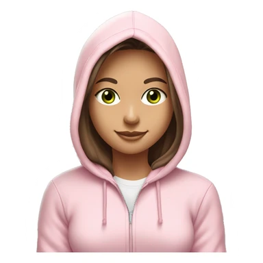 a girl with brown long hair, fair skin, green eyes, works relaxed and smiling at a modern laptop in a monochrome pale pink zip hoodie with a hood and a pink monochrome T-shirt sticker