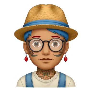 unique looking tourist with big unique red tourist hat and earrings, man with lots of tattoes and spectacles sticker