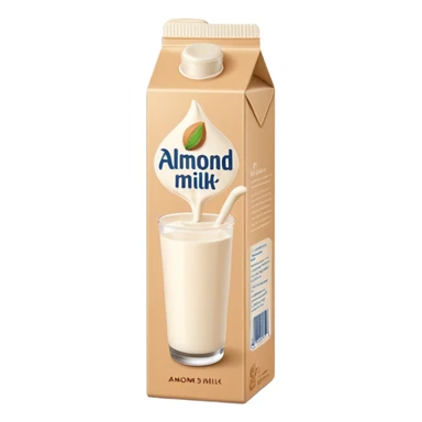 almond milk tall slim carton or bottle, beige or off-white, minimalist, neutral cap or spout, simple almond illustration, no text or branding, smooth light creamy milk, no glass or extra elements, clean 3D, soft shadows, transparent background, emoji scale sticker