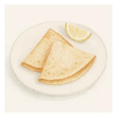 watercolor style french crêpes with delicate texture, served on a plate with lemon and powdered sugar sticker