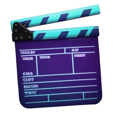 a movie clapper board with the words "clip page" across it, colors are deep purples and moody blues, neon light sticker