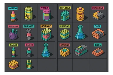 a virtual display, a gray grid with darker gray cells, each cell containing an item viewed in isometric minimalism render The cells have pastel neon colored labels in their upper corner, indicating various traits of the items. retrofuturism, circa 2880's.
The items are scientific and military in nature - varieties of munitions, scientific samples, rations, data storage, utilities. There are two arrays of grids, one left, one right. Each array has a few empty spaces at the bottom. "graphic realism." brutalism. the items are adorned in a combination of  bright colors, neon-safety, early 90's pallet, with muted gray tones in EVEN BALANCE. sticker