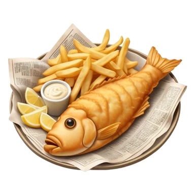 Fish and Chips Cinematic Realistic Fish and Chips Dish Emoji, depicted as a crispy battered fish fillet and golden chips served in traditional newspaper wrapping, rendered with lifelike textures and warm natural lighting that captures its iconic British street food charm  . sticker