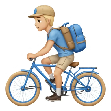 A blond guy in a cap and with a backpack on his back rides a blue bike sticker