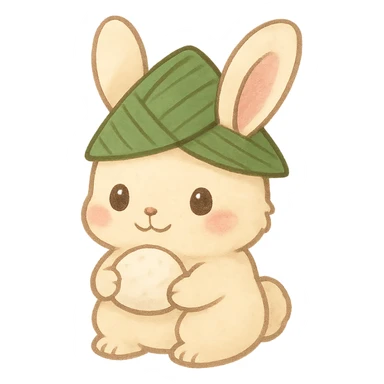 bunny wearing a green zongzi leaf hat, holding a sweet rice dumpling, soft colors, kawaii style sticker
